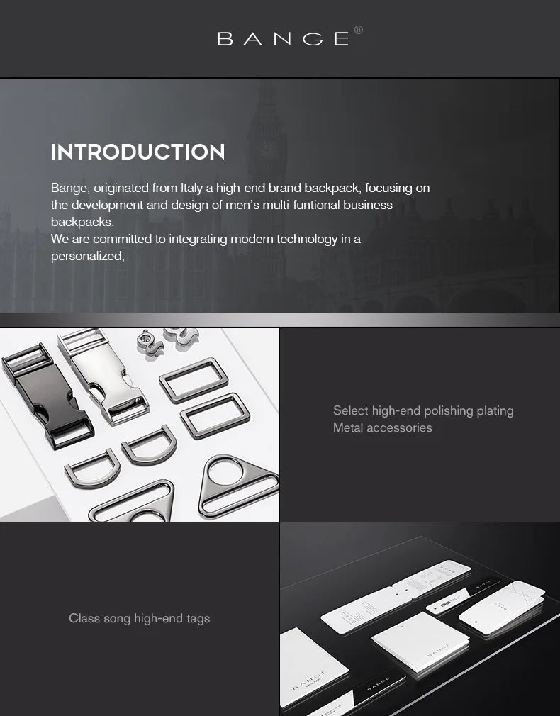 BANGE New Design Men Backpack Waterproof Fits for 14.1 inch Laptop Bag Teenager Travel Bag School Bag City Business Backpack Man