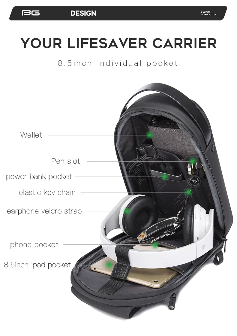 BANGE New Multifunction USB Crossbody Bag Shoulder Bag Man TPU Waterproof Travel Sling Messenger Pack Chest Bag for Male