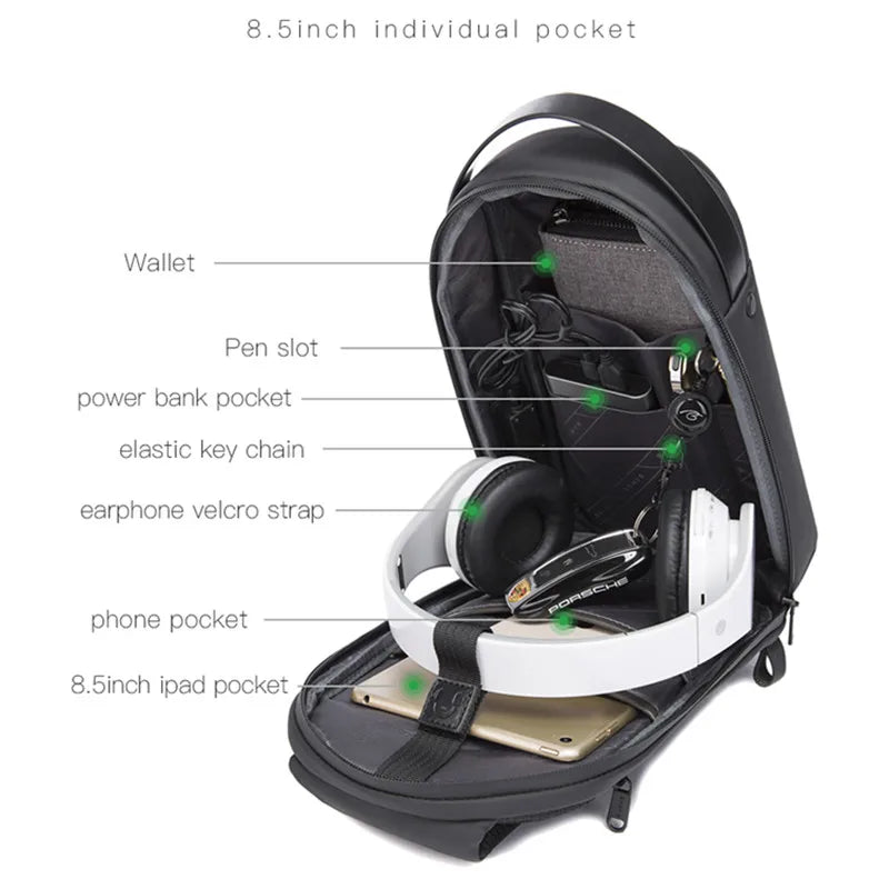 BANGE New Multifunction USB Crossbody Bag Shoulder Bag Man TPU Waterproof Travel Sling Messenger Pack Chest Bag for Male