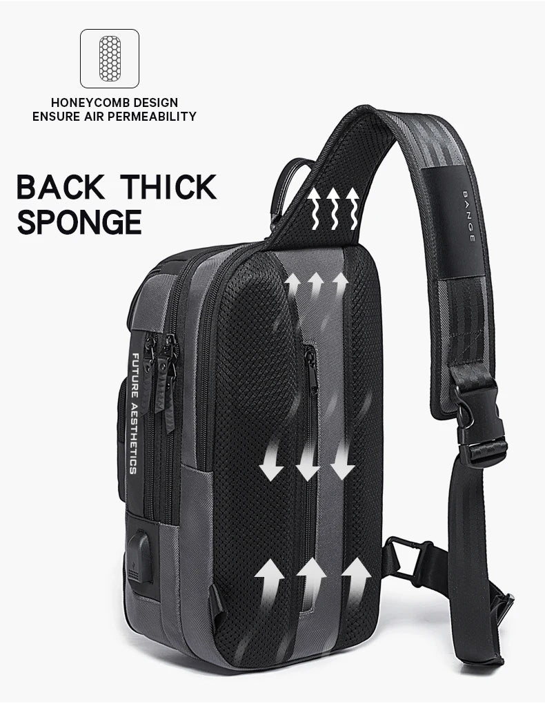 BANGE Men's Anti-theft Chest Bag Shoulder Strap USB Rechargeable Crossbody School Gym Pack, Men Sports Waterproof Shoulder Bag