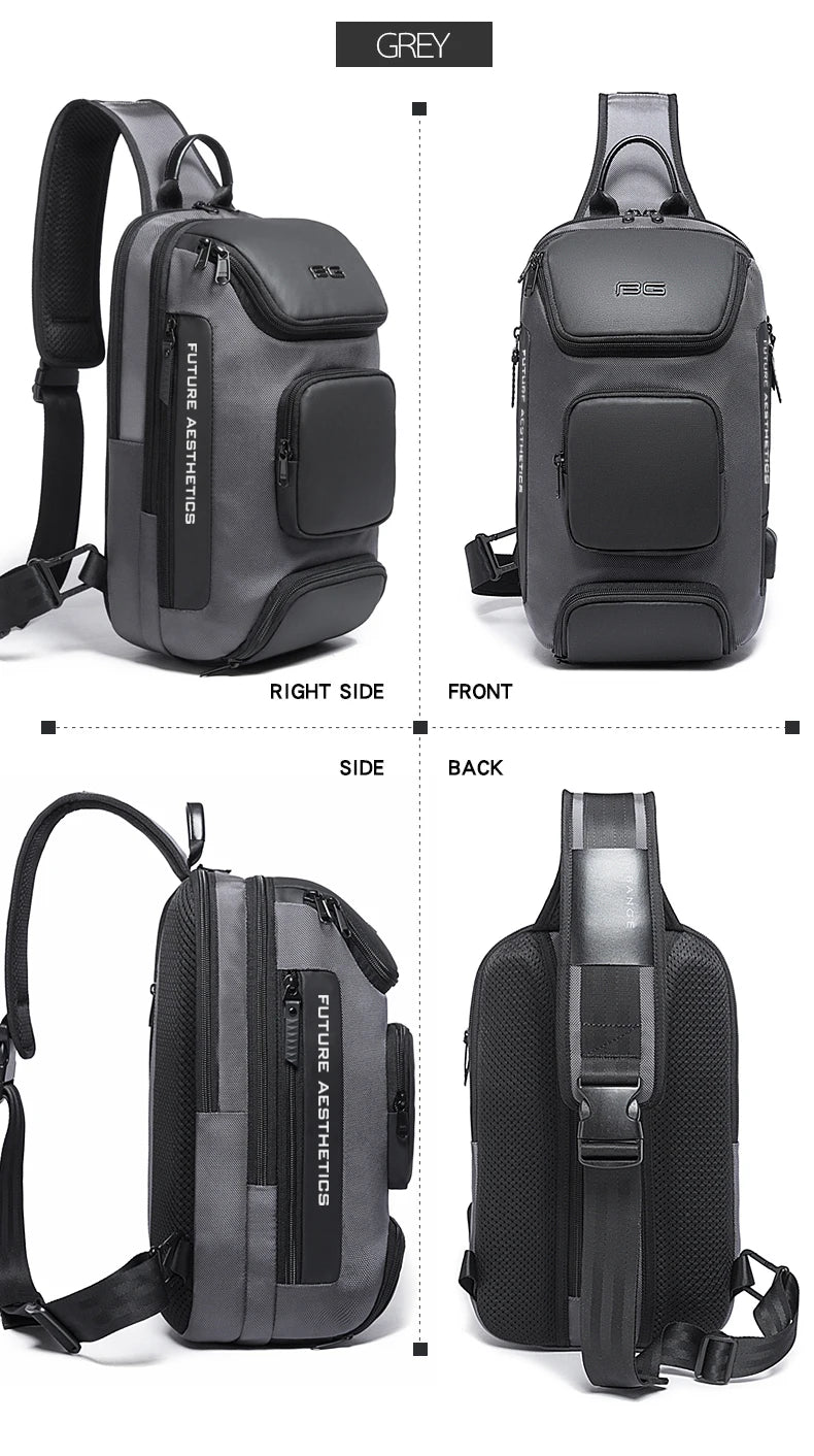 BANGE Men's Anti-theft Chest Bag Shoulder Strap USB Rechargeable Crossbody School Gym Pack, Men Sports Waterproof Shoulder Bag