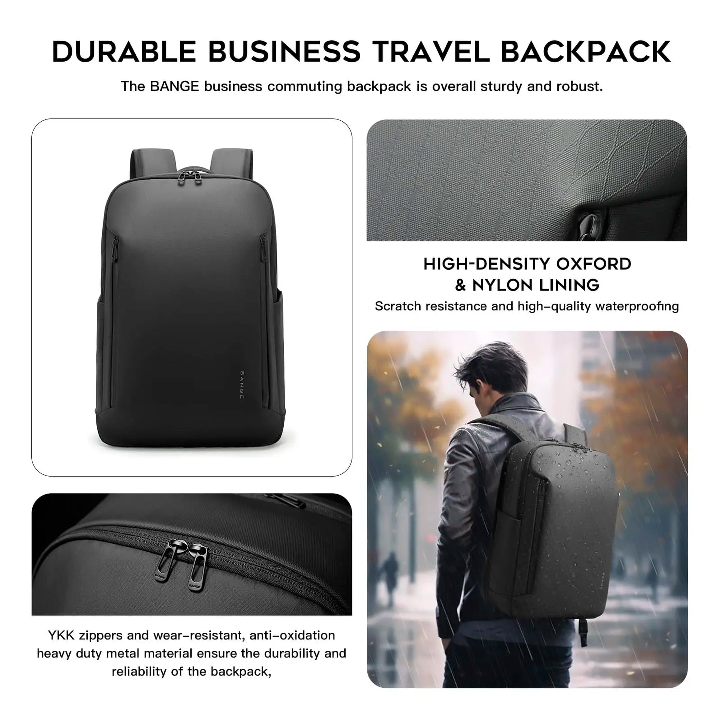 BANGE New Casual Multi-Pockets Big Capacity Daily 15.6inch Laptop Light Waterproof For Business Trip Roomy Men Backpack with YKK