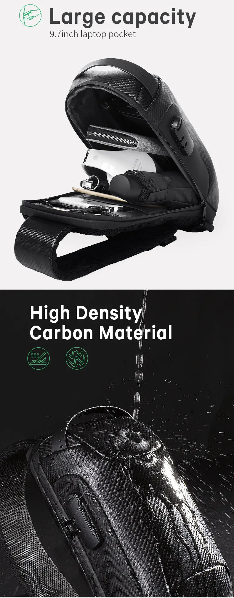 BANGE Upgraded Men Waterproof Multifunction Carbon Fiber Pattern Crossbody Bag USB Sling Shoulder Bags Messenger Chest Bag Pack