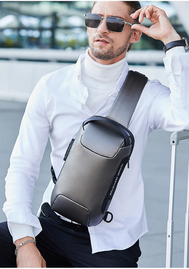 BANGE Upgraded Men Waterproof Multifunction Carbon Fiber Pattern Crossbody Bag USB Sling Shoulder Bags Messenger Chest Bag Pack