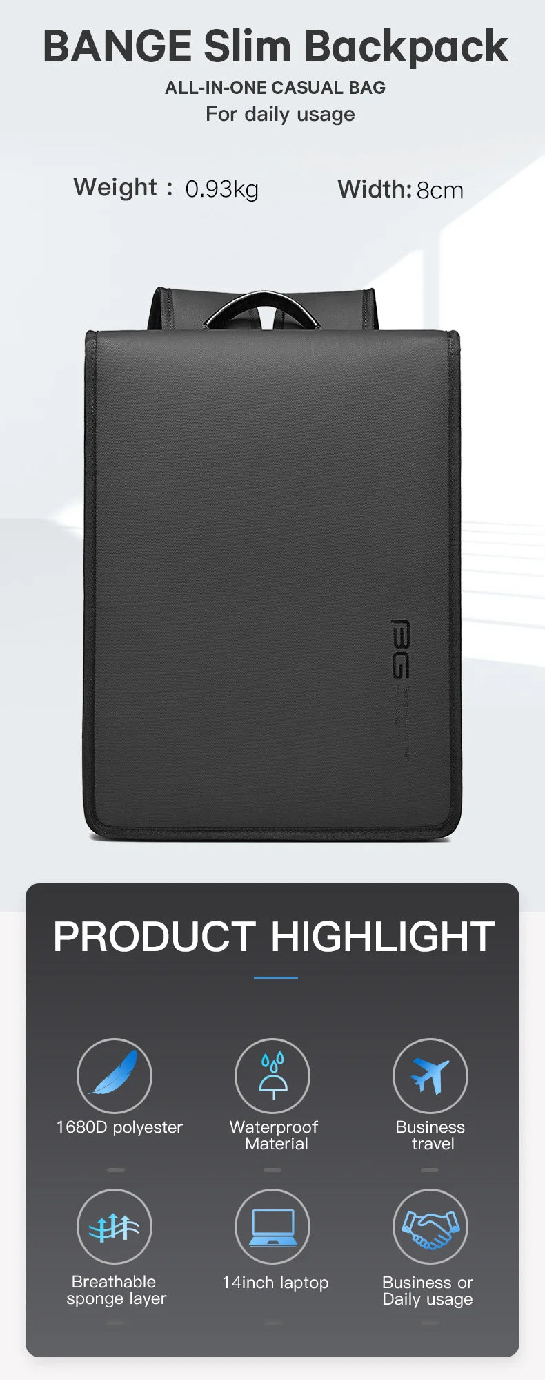 BANGE New Design Men Backpack Waterproof Fits for 14.1 inch Laptop Bag Teenager Travel Bag School Bag City Business Backpack Man