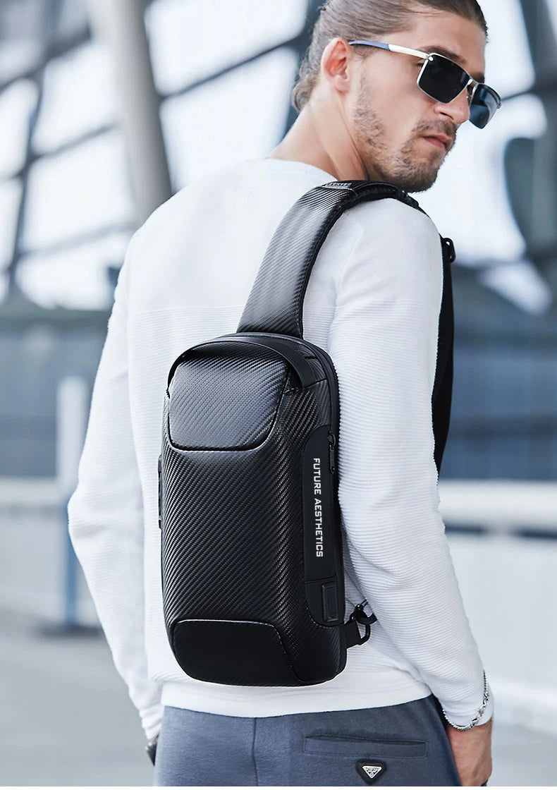 BANGE Upgraded Men Waterproof Multifunction Carbon Fiber Pattern Crossbody Bag USB Sling Shoulder Bags Messenger Chest Bag Pack