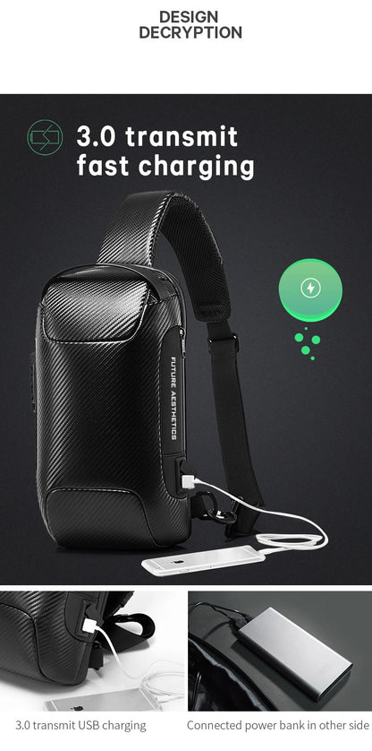 BANGE Upgraded Men Waterproof Multifunction Carbon Fiber Pattern Crossbody Bag USB Sling Shoulder Bags Messenger Chest Bag Pack