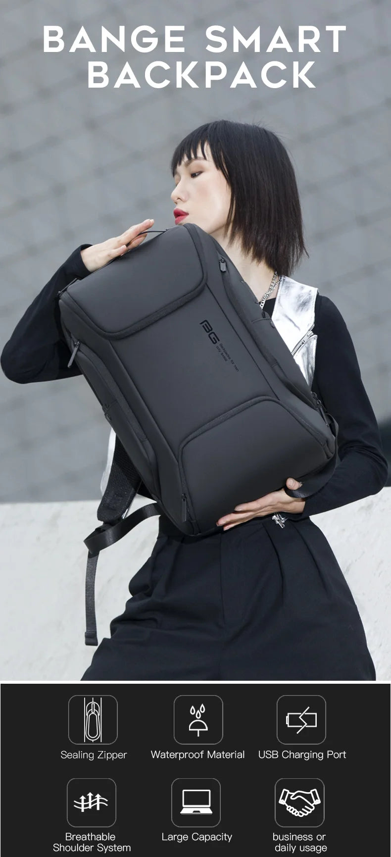 BANGE Business USB Charging Smart Backpacks Fits 15.6 Inch Laptop Commute Backpack WaterProof Carry On Bag for Men Travel Bags