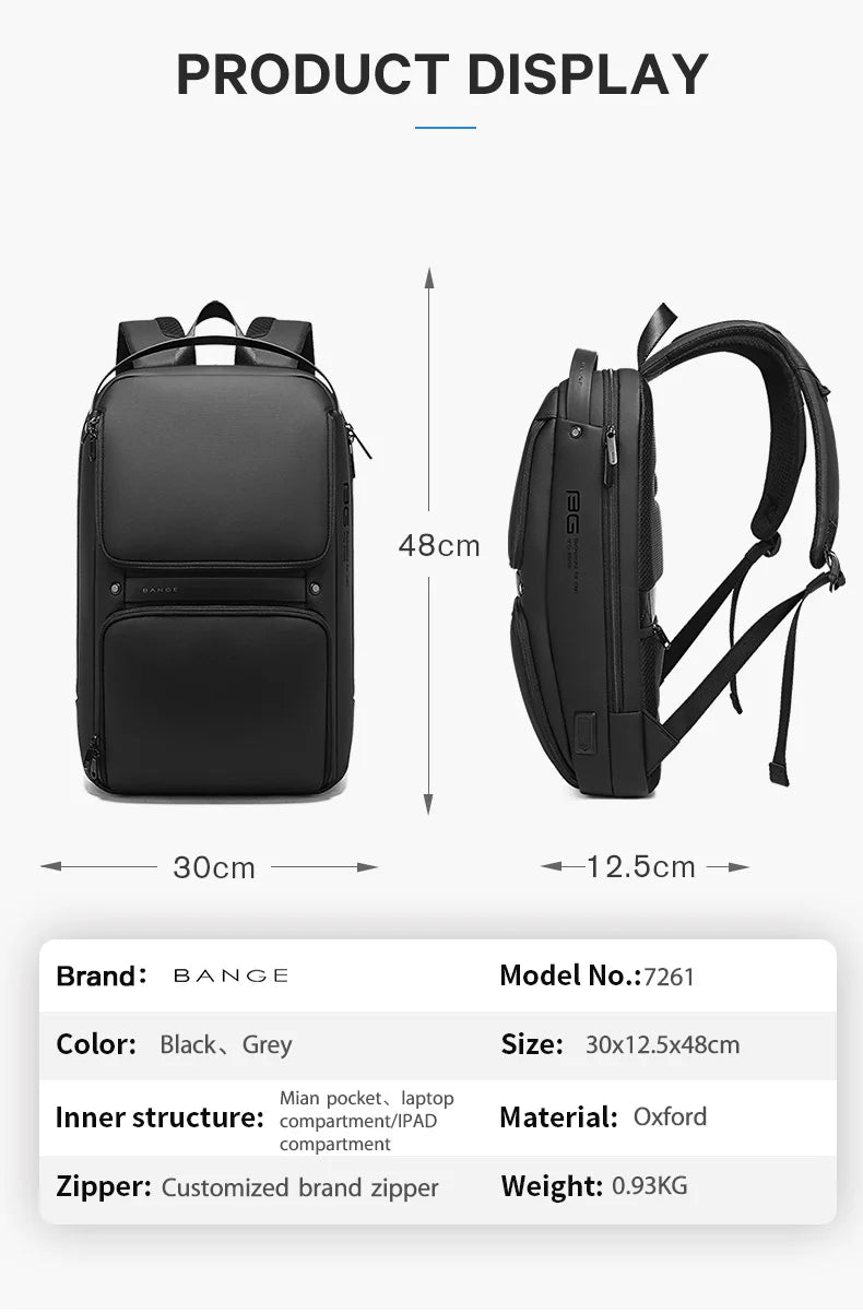 BANGE Men Anti Theft Waterproof Laptop Backpack 15.6 Inch Daily Work Business Backpacks Thin School Back Pack Mochila