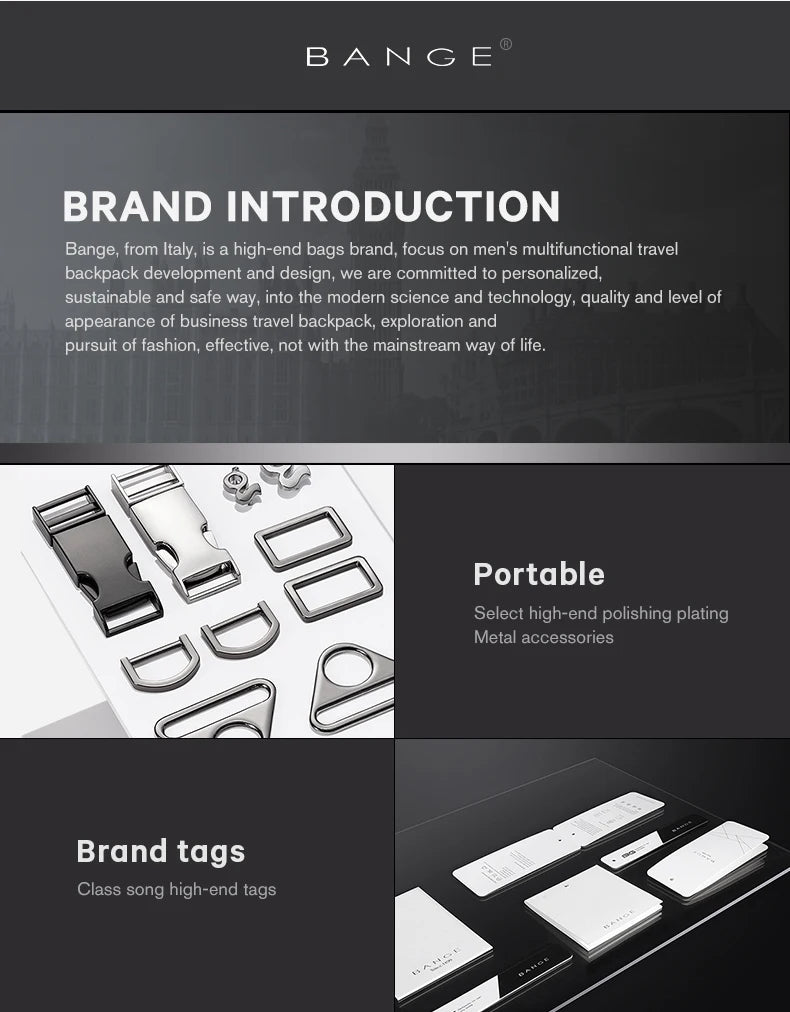 BANGE Men Business Waterproof 15.6" Laptop Backpack Fashion Male Classic Fashion Travel Moto&Biker Light Scalable Shoulder Bags