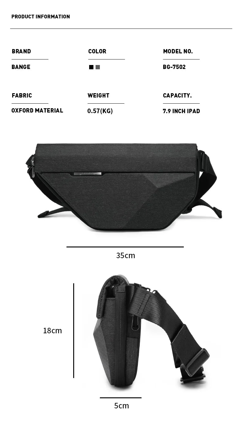 BANGE Men Oxford Waterproof Multifunction Hard Shoulder Bags Messenger Chest Sling Crossbody Bags Travel For 7.9 inch iPad