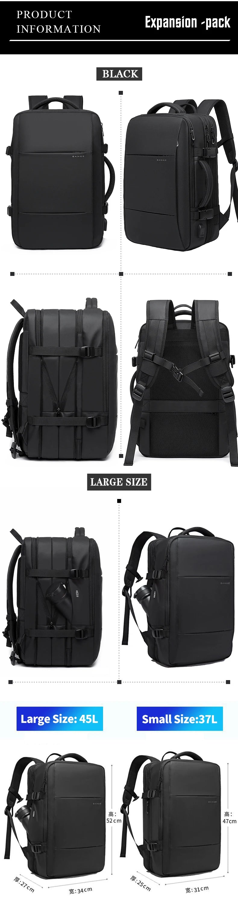BANGE Aesthetic Men Business Backpack School Expandable USB Bag, Large Capacity 17.3 Laptop Waterproof Fashion Travel Backpack