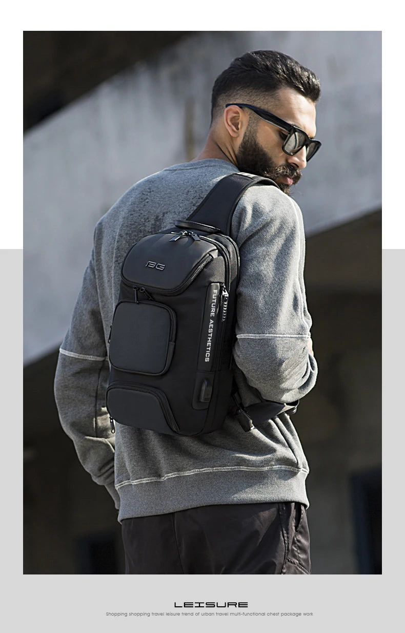 BANGE Men's Anti-theft Chest Bag Shoulder Strap USB Rechargeable Crossbody School Gym Pack, Men Sports Waterproof Shoulder Bag