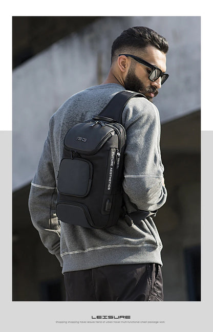 BANGE Men's Anti-theft Chest Bag Shoulder Strap USB Rechargeable Crossbody School Gym Pack, Men Sports Waterproof Shoulder Bag