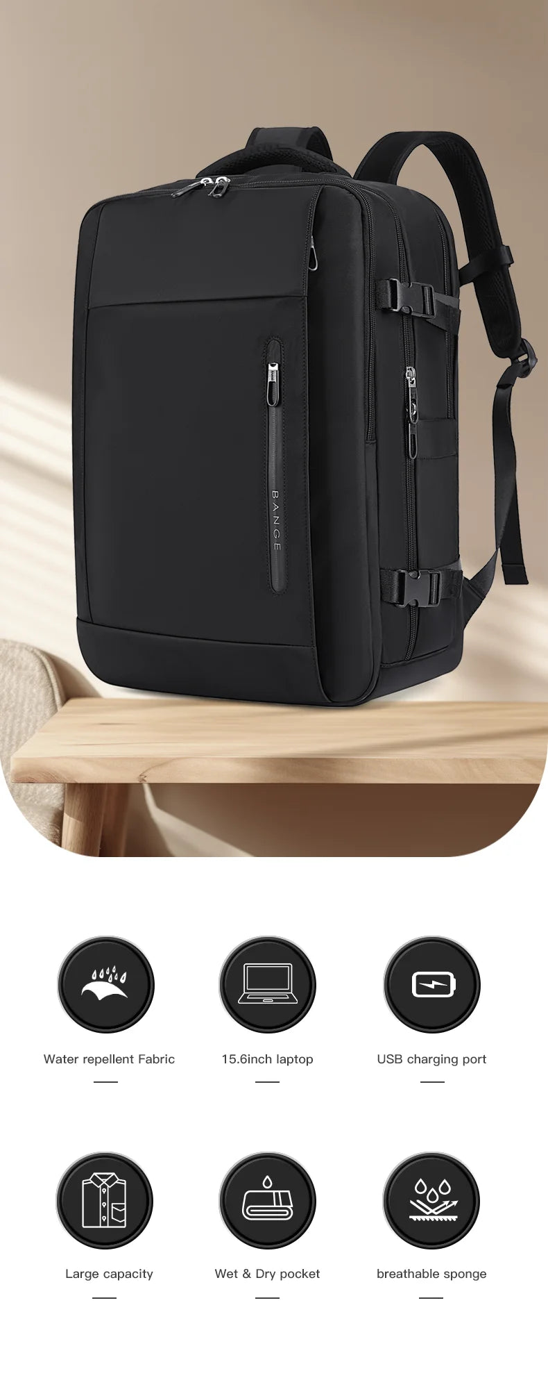 Big Big Bag #0018 - BANGE Waterproof Laptop Backpack – 15.6" USB Charging Business & Travel Bag for Men