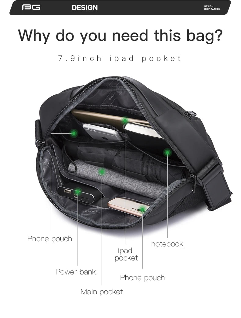 BANGE Men's Waterproof Crossbody Bag Oxford Large Capacity Multifunction Anti-theft Sling Shoulder Messenger Chest Bag Pack