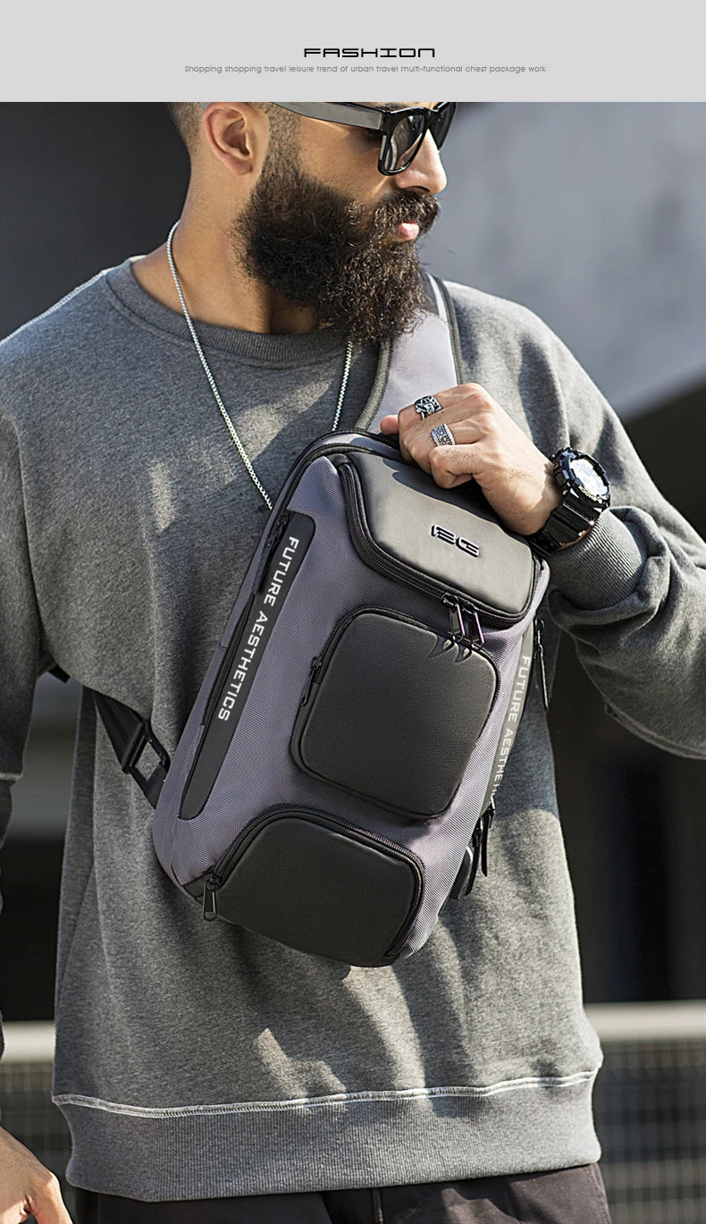 BANGE Men's Anti-theft Chest Bag Shoulder Strap USB Rechargeable Crossbody School Gym Pack, Men Sports Waterproof Shoulder Bag