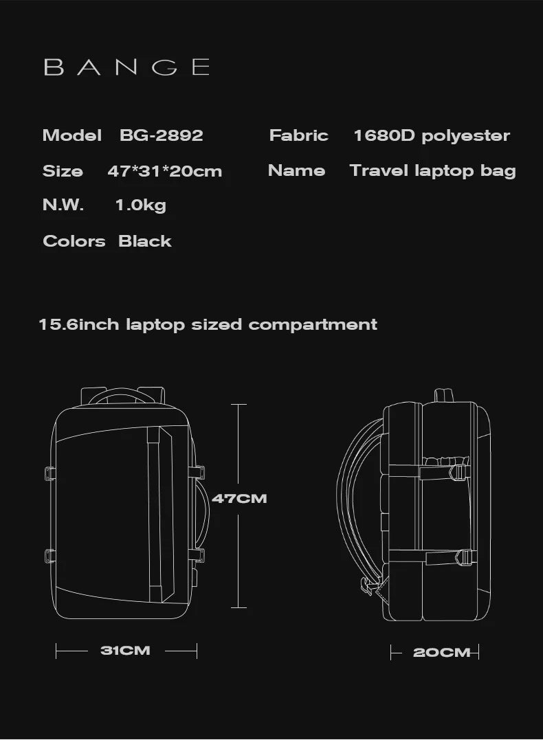 BANGE New Multifunctional USB Recharging Travel Backpack Men Business Waterproof School Bag Large Capacity 15.6 Laptop Backpacks