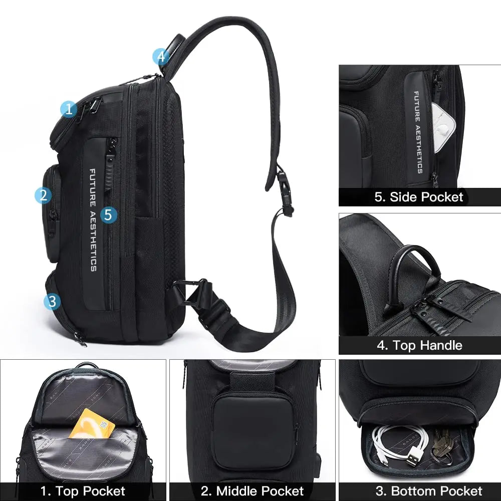 BANGE Men's Anti-theft Chest Bag Shoulder Strap USB Rechargeable Crossbody School Gym Pack, Men Sports Waterproof Shoulder Bag