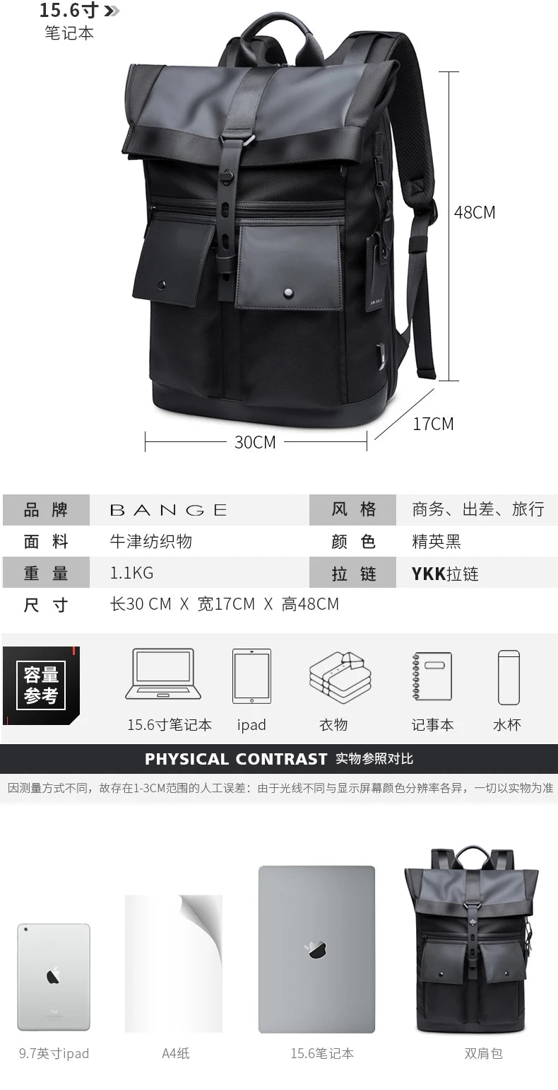 Bange Casual Men Anti Theft Backpack 15.6 inch Multifunctional Waterproof Backpacks Daily Travel Bag School Rucksack With Belt