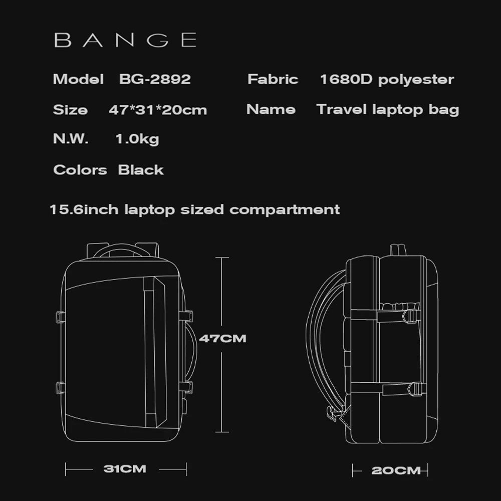 BANGE New Multifunctional USB Recharging Travel Backpack Men Business Waterproof School Bag Large Capacity 15.6 Laptop Backpacks