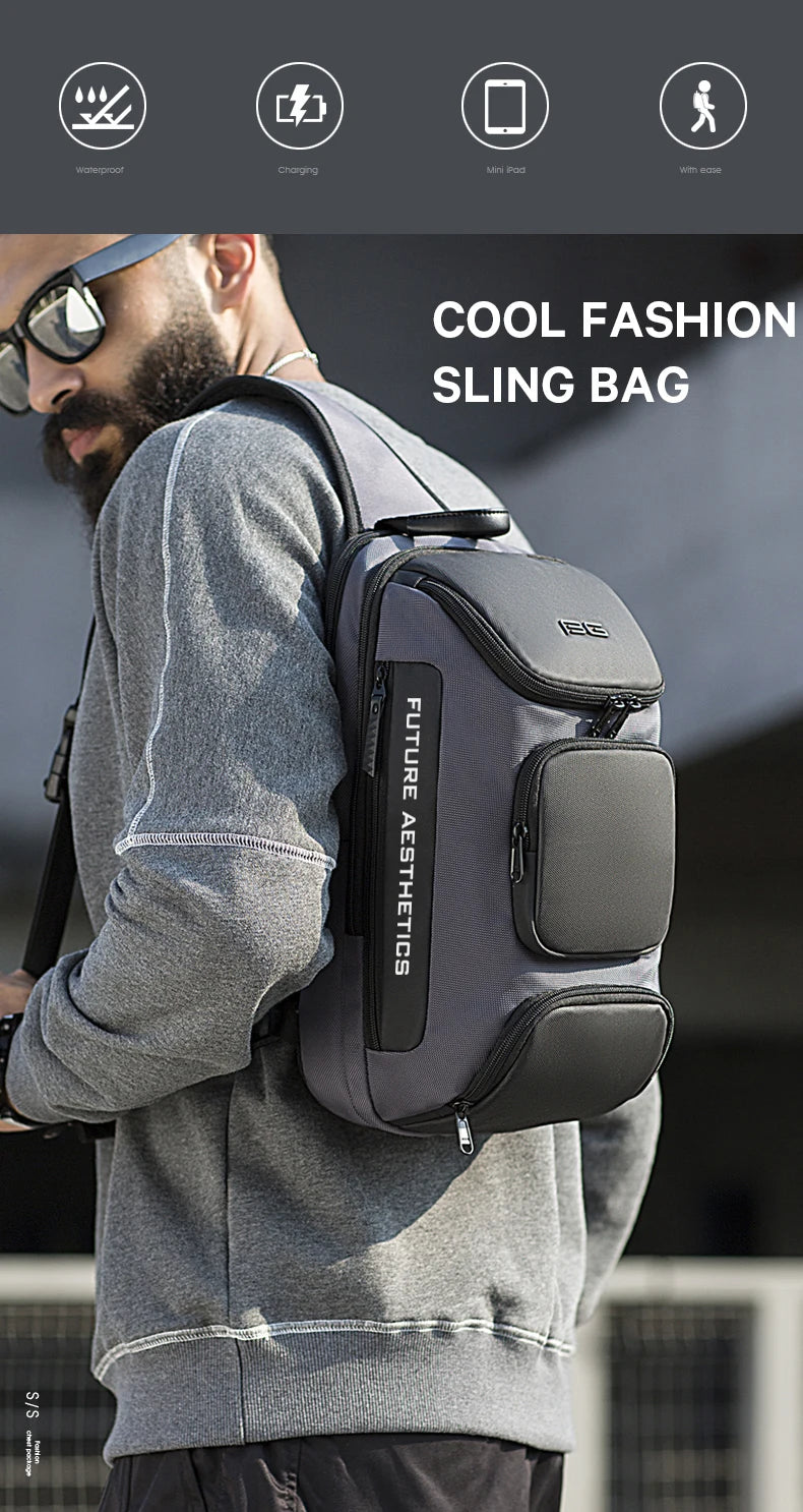 BANGE Men's Anti-theft Chest Bag Shoulder Strap USB Rechargeable Crossbody School Gym Pack, Men Sports Waterproof Shoulder Bag