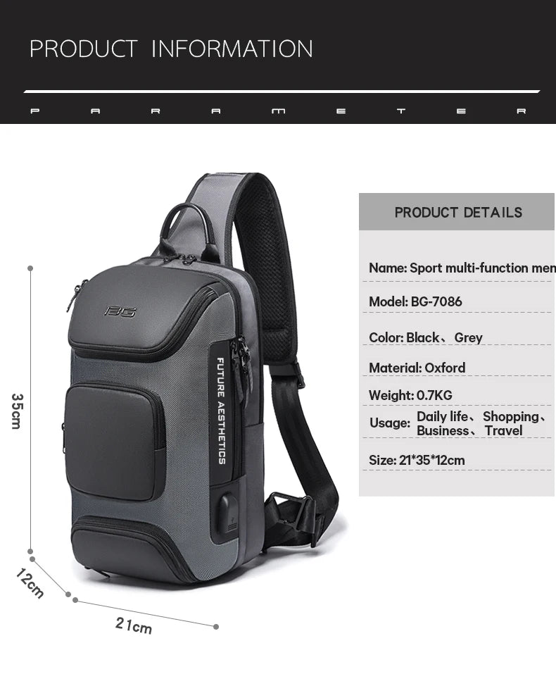 BANGE Men's Anti-theft Chest Bag Shoulder Strap USB Rechargeable Crossbody School Gym Pack, Men Sports Waterproof Shoulder Bag
