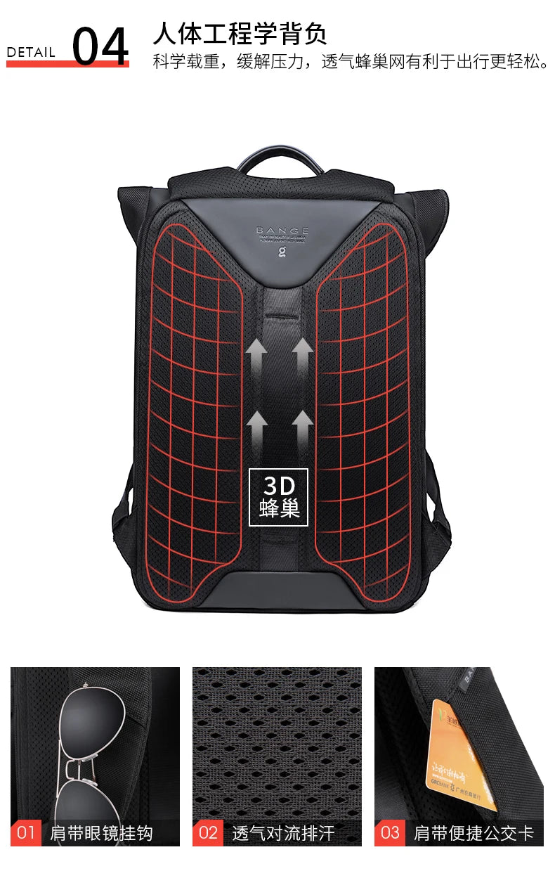 Bange Casual Men Anti Theft Backpack 15.6 inch Multifunctional Waterproof Backpacks Daily Travel Bag School Rucksack With Belt