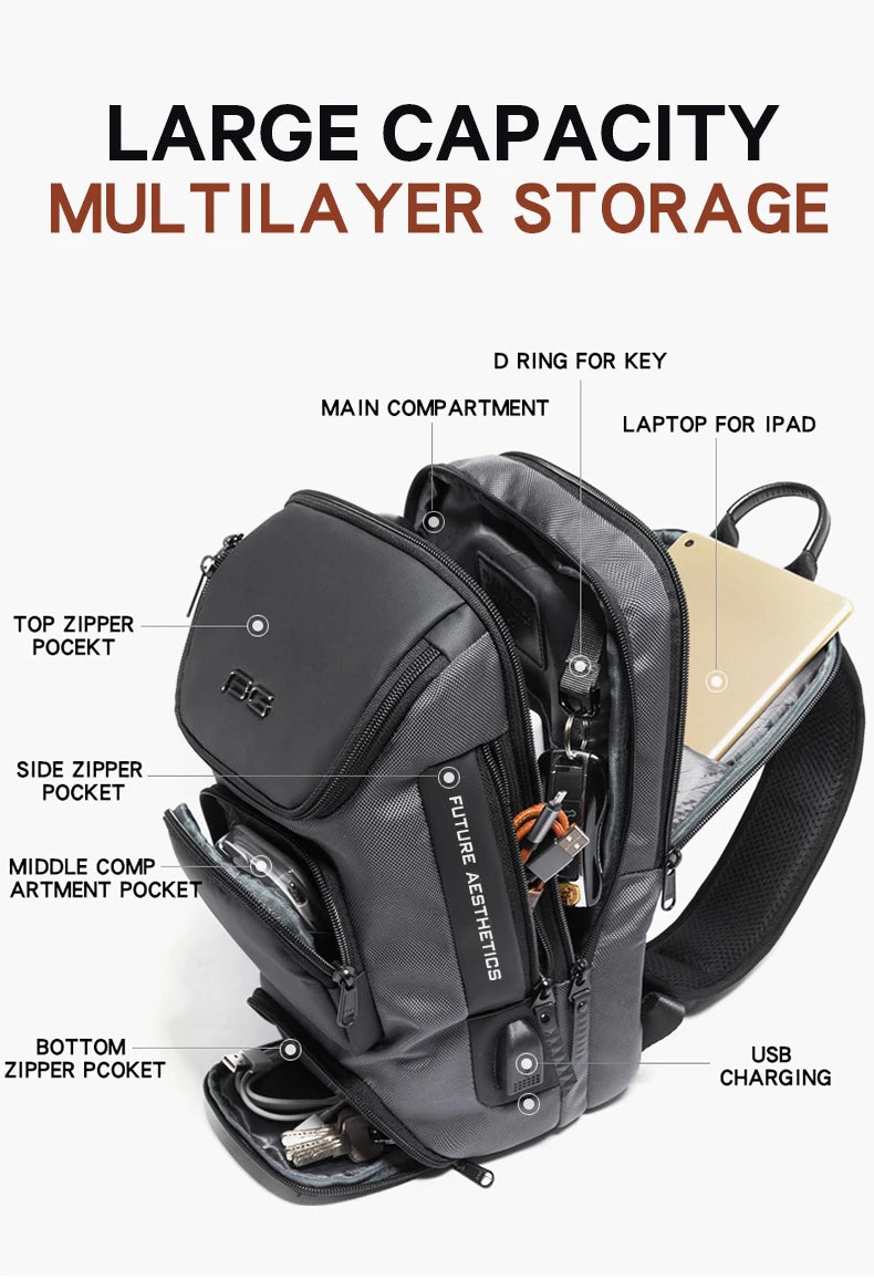 BANGE Men's Anti-theft Chest Bag Shoulder Strap USB Rechargeable Crossbody School Gym Pack, Men Sports Waterproof Shoulder Bag